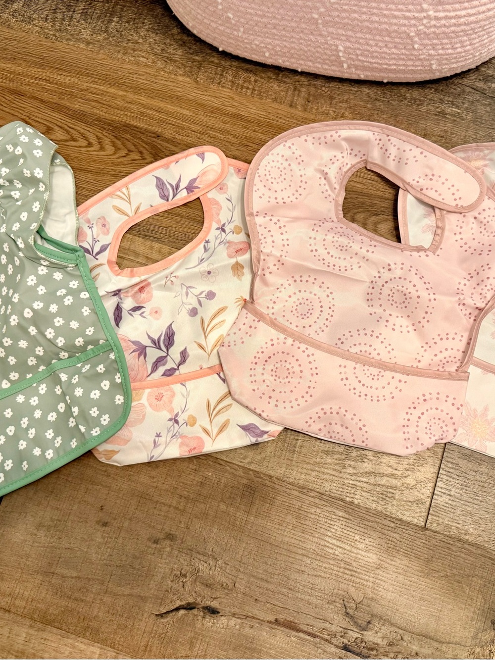 Source Unknown Pink Floral, Solid Pink and Green Bib Trio